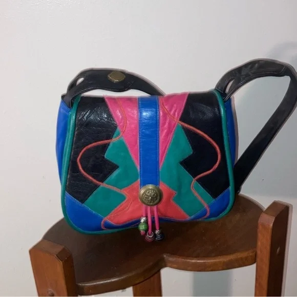 Vintage Color-block 80’s 90’s Leather Bag - Picture 1 of 13